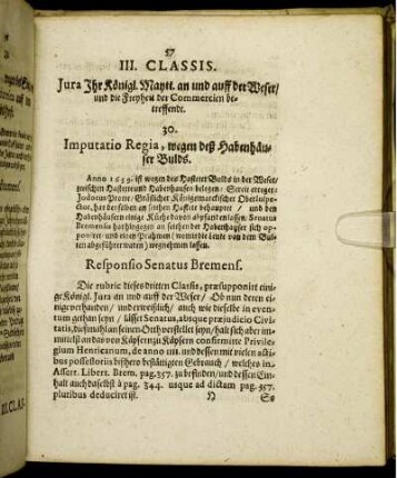III. classis. Jura Ihr. Königl. Maytt. an und auff der Weser/ und die Freyheit der Commercien betreffendt