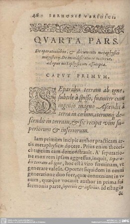Quarta Pars. De operationibus et documente metaphysici magisterij...