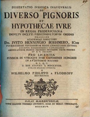 Diss. iur. inaug. de diverso pignoris et hypothecae iure