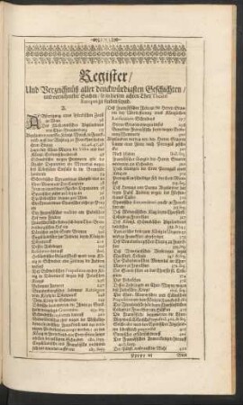 Register/ Und Verzeichnüß aller denckwürdigsten Geschichten/ und vornehmster Sachen/ so in diesem achten Theil Theatri Europaei zu finden seynd