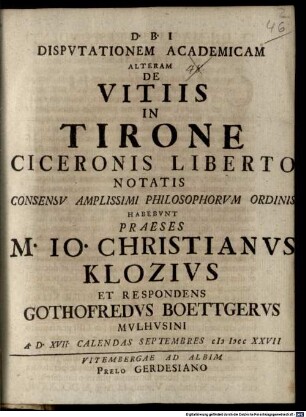 Disputationem Academicam Alteram De Vitiis In Tirone Ciceronis Liberto Notatis