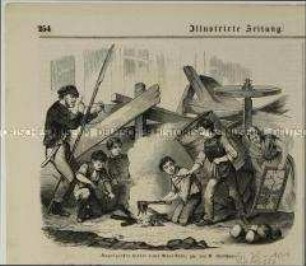 Kugelgießer hinter einer Barrikade - Seite aus: "Illustrirte Zeitung", Leipzig 1848 (Nr. 250, X. Bd., p. 253)