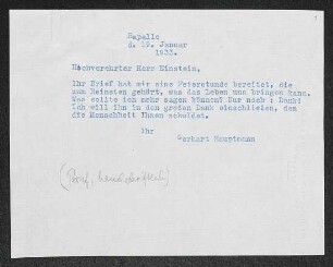 Brief von Gerhart Hauptmann an Albert Einstein