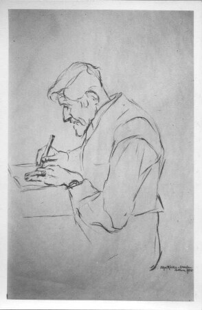 Beim Schreiben (Hans Richter). Kohlezeichnung (1938; E. Richter). Dresden-Südvorstadt, Eisenstuckstraße, Atelier der Künstlerin