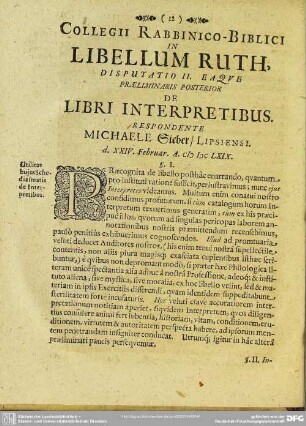 Disputatio II. Eaque Praeliminaris Posterior De Libri Interpretibus