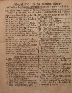 Aderlaß-Tafel für den gemeinen Mann/ auf welchen Tag durchs gantze Jahr gut oder nicht gut Aderlassen sey.