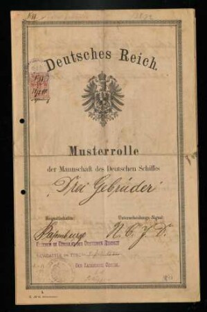 Musterrolle der Mannschaft des Deutschen Schiffes "Drei Gebrüder", 1890