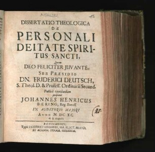 Dissertatio Theologica De Personali Deitate Spiritus Sancti,