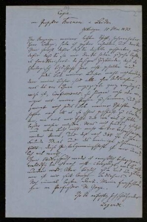 Nr. 2 Brief (Abschrift) von Paul de Lagarde an Abraham Kuenen. Göttingen, 15.5.1873