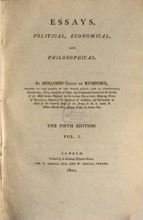 Benjamin Count of Rumford's Essays political, economical and philosophical. 1