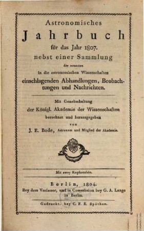 Astronomisches Jahrbuch. 1807 (1804)