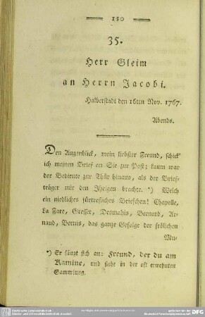 35. Herr Gleim an Herrn Jacobi. Halberstadt den 16ten Nov. 1767. Abends