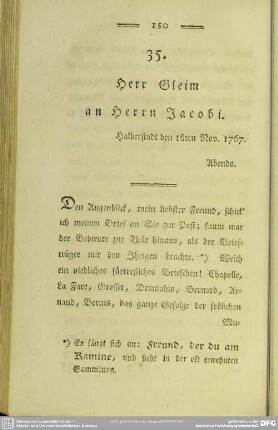 35. Herr Gleim an Herrn Jacobi. Halberstadt den 16ten Nov. 1767. Abends