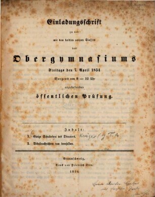 Einladungsschrift zu der mit den beiden untern Classen des Obergymnasiums ... anzustellenden öffentlichen Prüfung. 1854