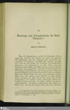 XI. Nachträge zum Urkundenbuche der Stadt Chemnitz