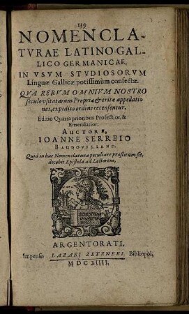 Nomenclaturæ Latino-Gallico-Germanicæ. In usum Studiosorum Linguæ Gallicæ potissimmùm contectæ