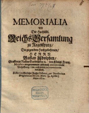 Memorialia ... die gegen ... Gustav Adolph Grafen zu Nassau Sarbrücken von königl. franz. Ministris vorgenommene ... Verhaftung ... betr.