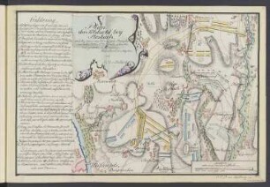 Umgebungskarte von Roßbach, Federzeichnung, 1802 : Band 2: Seite 7: Plan der Schlacht bey Roßbach : welche von dem König von Preußen im Jahre 1757. den 5ten Novbr. über die franzosische Reichs=Arme genonnen wurde / J. C. O. v. Dallwitz. - [S.l.], 1802. - 1 Karte ; Handzeichnung, koloriert, 21 x 31 cm // Mit Erklärung