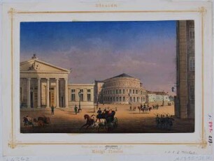 Der erste Bau der Semperoper auf dem Theaterplatz in Dresden (1841 erbaut), links die Altstädter Wache (Schinkelwache), im Hintergrund das Hotel Bellevue (Calberlasche Zuckersiederei)