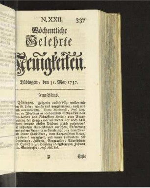 N. XXII. Tübingen, den 31. May 1737