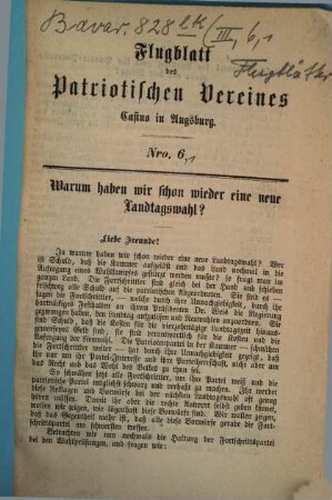 Flugblätter des Patriotischen Vereines Casino in Augsburg. 6,1