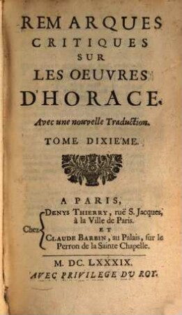 Remarques critiques sur les oeuvres d'Horace : avec une nouvelle traduction, 10