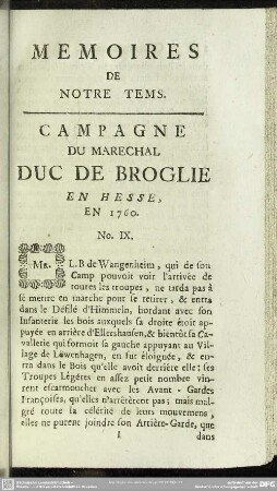 Campagne Du Marechal Duc De Broglie En Hesse. En 1760. No. IX.