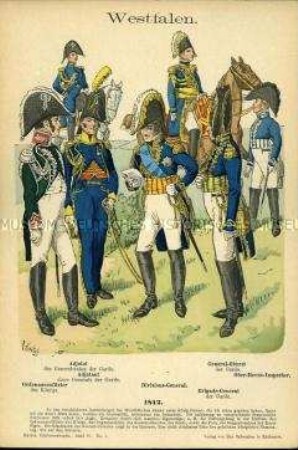 Uniformdarstellung, Adjutanten, Ordonnanzoffizier, Divisions-General, General-Oberst, Ober-Revue-Inspektor und Brigafe-General, Königreich Westphalen, 1812.
