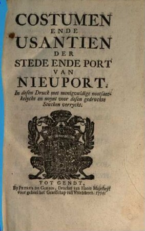 Costumen Ende Usantien Der Stede Ende Port Van Nieuport