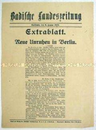 Extrablatt der "Badischen Landeszeitung" zu den revolutionären Kämpfen in Berlin (Spartakus-Aufstand)