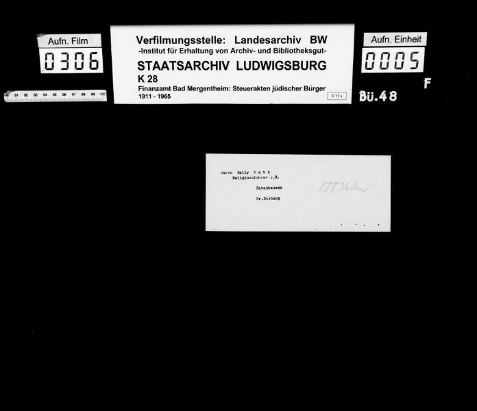 Katz, Sally; Religionslehrer i. R. *20.07.1864 Zugshagen Katz, Hedwig geb. Goldschmidt Wohnort: Edelfingen, bis 1932 Babenhausen/Kr. Dieburg