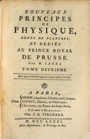 Nouveaux Principes De Physique : ornés de Planches; Dédiés Au Prince Royal De Prusse, 2