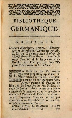 Bibliothèque germanique ou Histoire littéraire de l'Allemagne de la Suisse et des Pays du Nord. 39. 1737