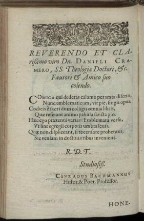 Reverendo ... Dn. Danieli Cramero ... Dn. Lucae Jennisio ...