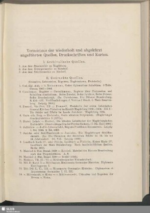 Verzeichnis der wiederholt und abgekürzt angeführten Quellen, Druckschriften und Karten
