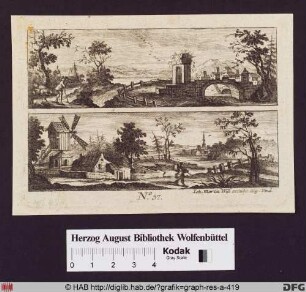 Zwei Landschaften, Landschaft mit antikem Triumphbogen, Hirte mit Tieren, einer Brücke und einer Stadtansicht und eine Landschaft mit Windmühle.