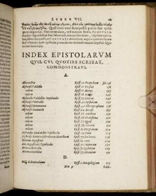Index Epistolarum Quis, Cui Quoties Scribat, Commonstrans.
