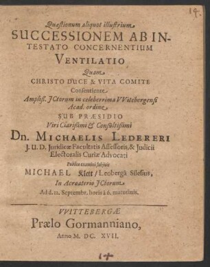 Quaestionum aliquot illustrium Successionem Ab Intestato Concernentium Ventilatio