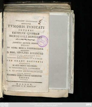 Specimen Inavgvrale Medicvm Tvmoris Tvnicati Interni Exemplvm Qvoddam Memorabile Referens
