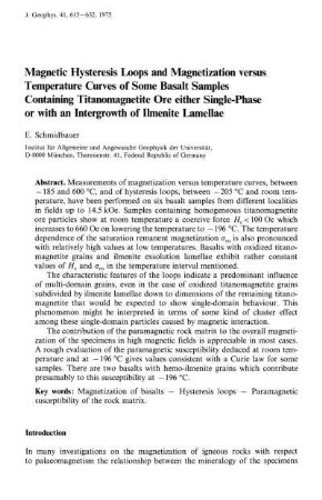 Magnetic hysteresis loops and magnetization versus temperature curves of some basalt samples containing titanomagnetite ore either single-phase or with an intergrowth of ilmenite lamellae