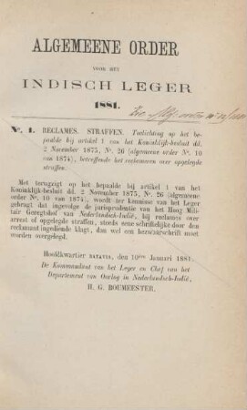 Algemeene order vor het indisch leger. 1881. No. 1. - No. 65