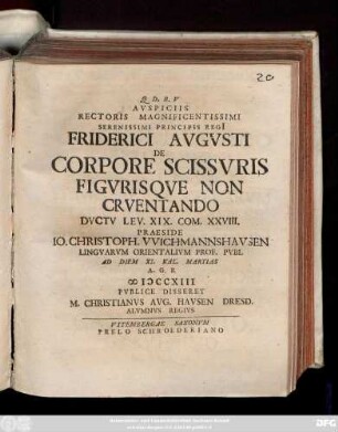 Avspiciis Rectoris Magnificentissimi Serenissimi Principis Regi[i] Friderici Avgvsti De Corpore Scissvris Figvrisqve Non Crventando Dvctv Lev. XIX. Com. XXVIII.