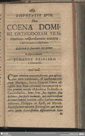 Disputatio XVIII. De Coena Domini Orthodoxam Sententiam kataskeuastikōs contra Calvinianos exhibens