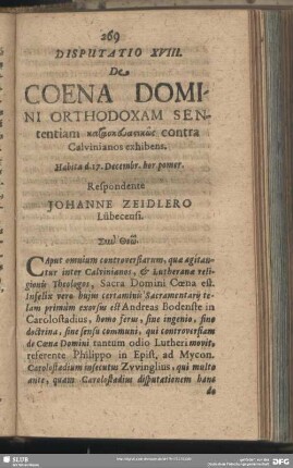 Disputatio XVIII. De Coena Domini Orthodoxam Sententiam kataskeuastikōs contra Calvinianos exhibens