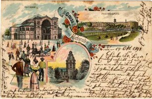 Postkartenalbum. "Gruss aus Karlsruhe". Festhalle, Friedrichsplatz und Schlossturm