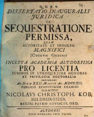 Dissertatio Inauguralis Juridica De Sequestratione Permissa