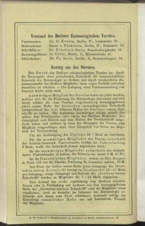 Vorstand des Berliner Entomologischen Vereins - Auszug aus den Statuten