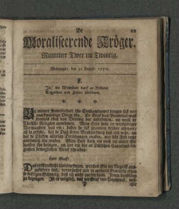Nummer Zwee un Zwintig. Mahndags den 24. August 1750