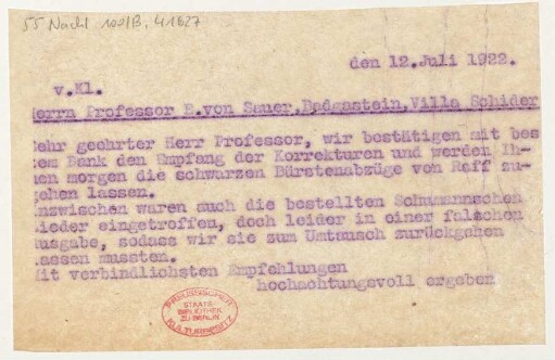 Brief an Emil von Sauer : 12.07.1922