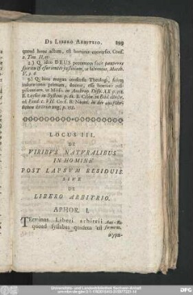 Locus III. De Viribus Naturalibus In Homine Post Lapsum Residuis. Dive De Libero Arbitrio.